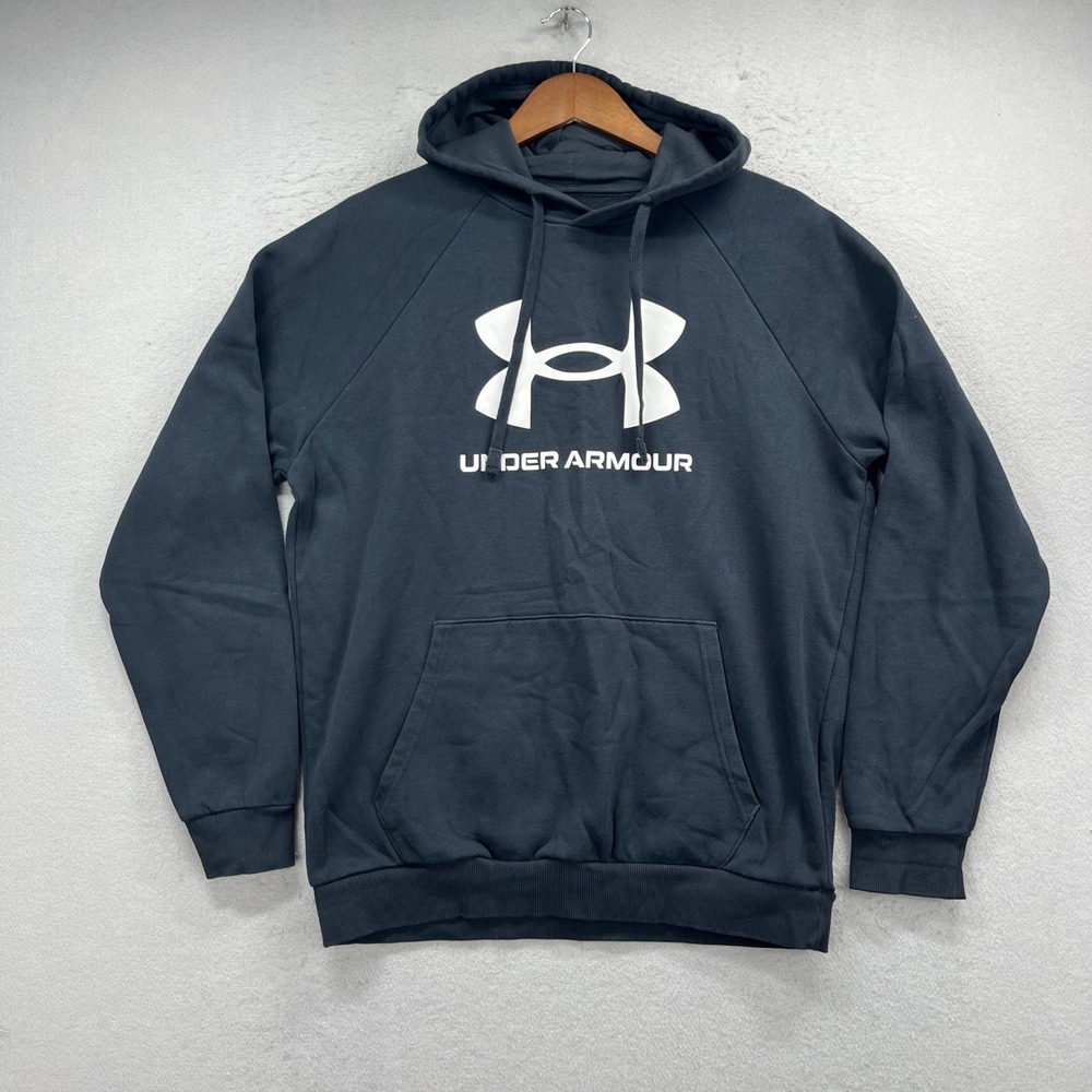 Under Armour Hoodie Mens Medium Black Rival Fleece Big Logo Pullover Sweatshirt